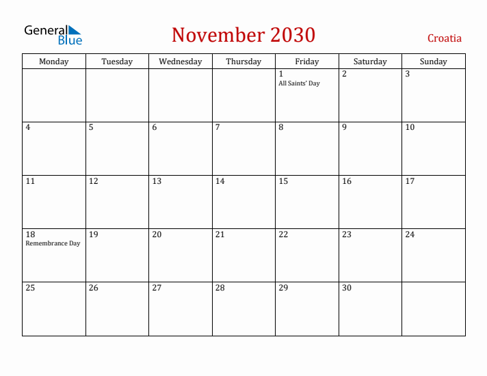 Croatia November 2030 Calendar - Monday Start