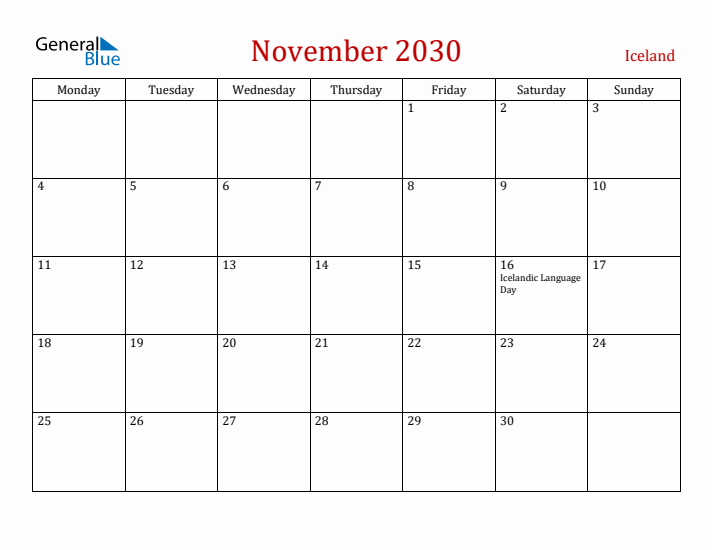 Iceland November 2030 Calendar - Monday Start