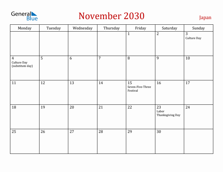 Japan November 2030 Calendar - Monday Start