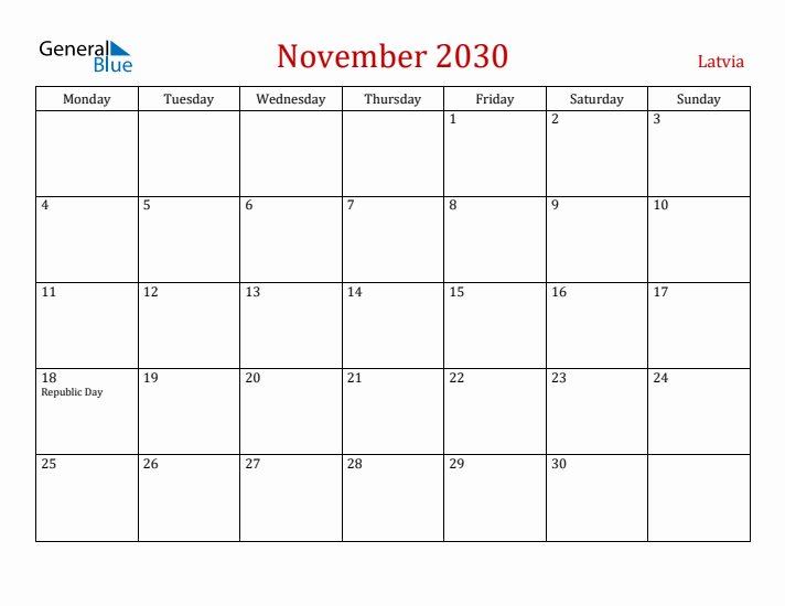 Latvia November 2030 Calendar - Monday Start