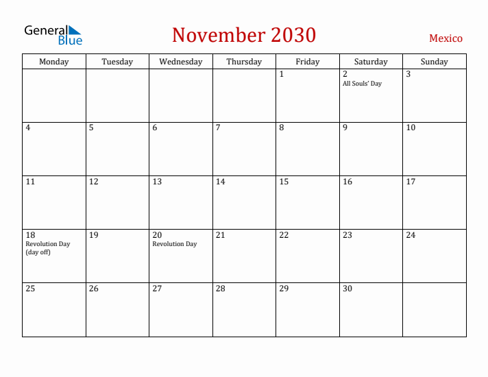 Mexico November 2030 Calendar - Monday Start