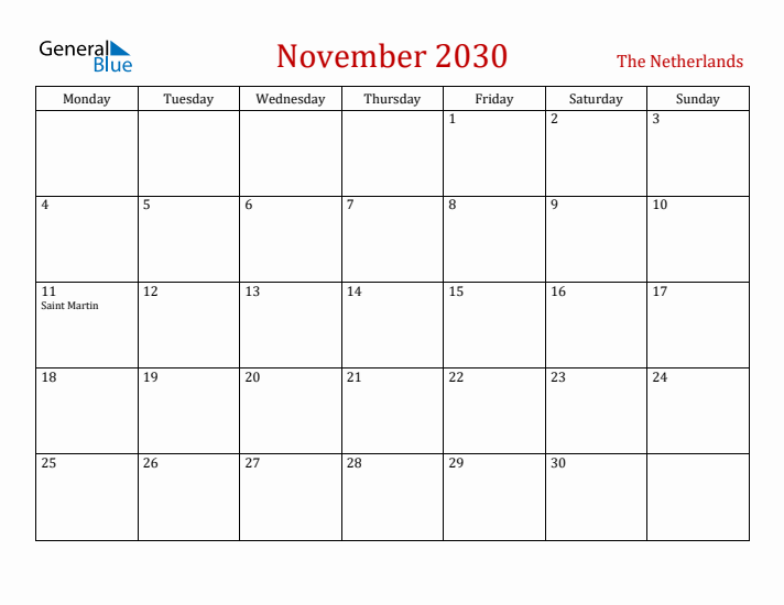 The Netherlands November 2030 Calendar - Monday Start