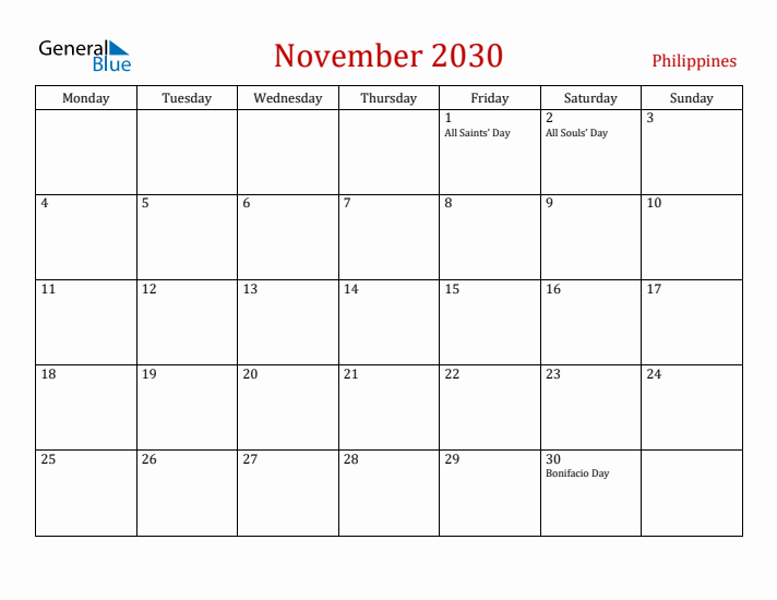 Philippines November 2030 Calendar - Monday Start