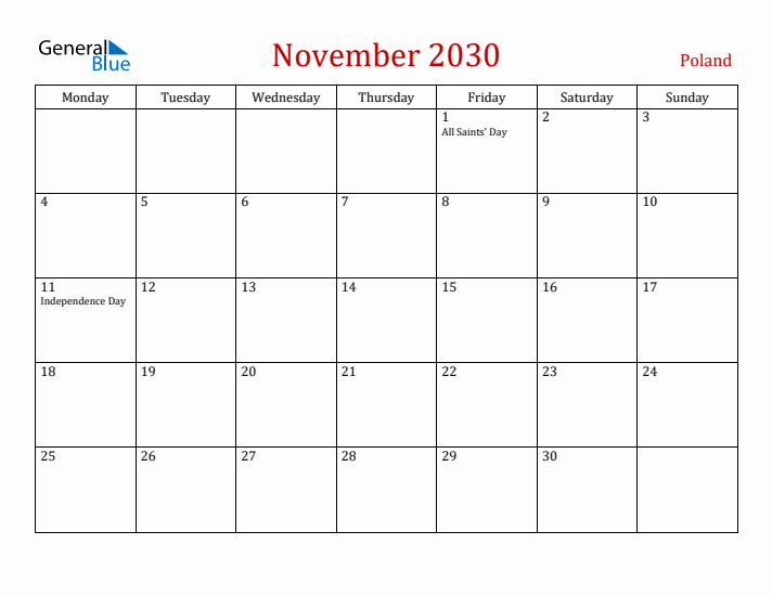 Poland November 2030 Calendar - Monday Start