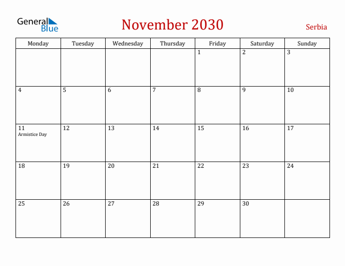 Serbia November 2030 Calendar - Monday Start