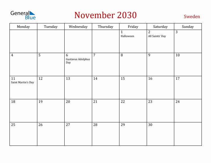 Sweden November 2030 Calendar - Monday Start