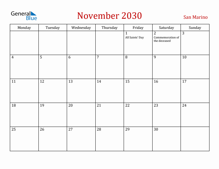 San Marino November 2030 Calendar - Monday Start