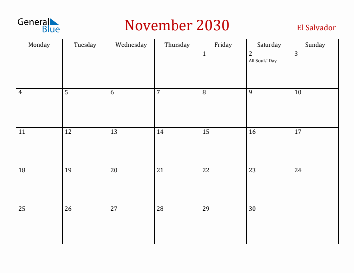 El Salvador November 2030 Calendar - Monday Start