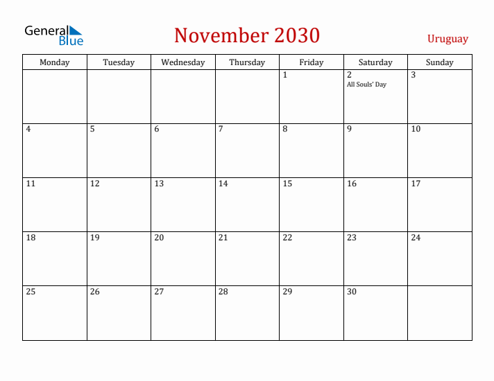 Uruguay November 2030 Calendar - Monday Start