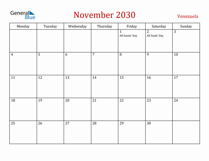 Venezuela November 2030 Calendar - Monday Start