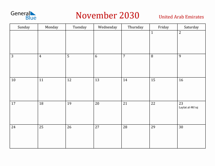 United Arab Emirates November 2030 Calendar - Sunday Start