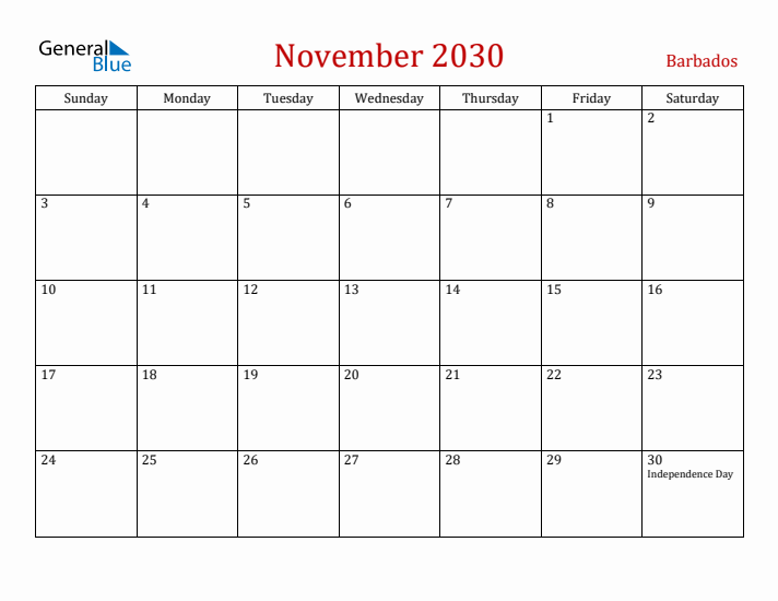 Barbados November 2030 Calendar - Sunday Start
