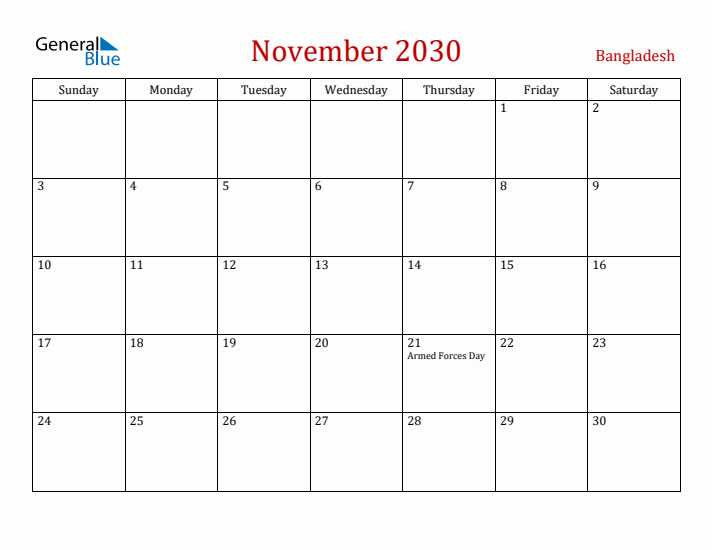Bangladesh November 2030 Calendar - Sunday Start