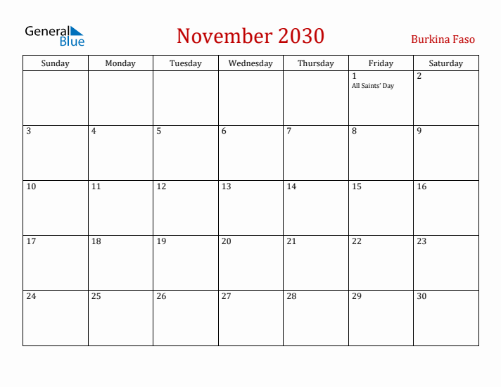 Burkina Faso November 2030 Calendar - Sunday Start