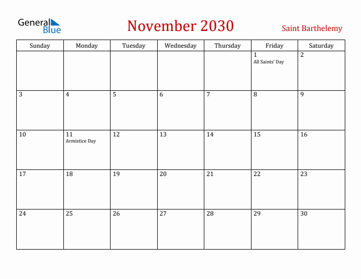 Saint Barthelemy November 2030 Calendar - Sunday Start
