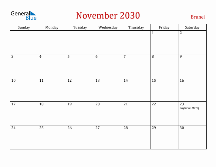 Brunei November 2030 Calendar - Sunday Start