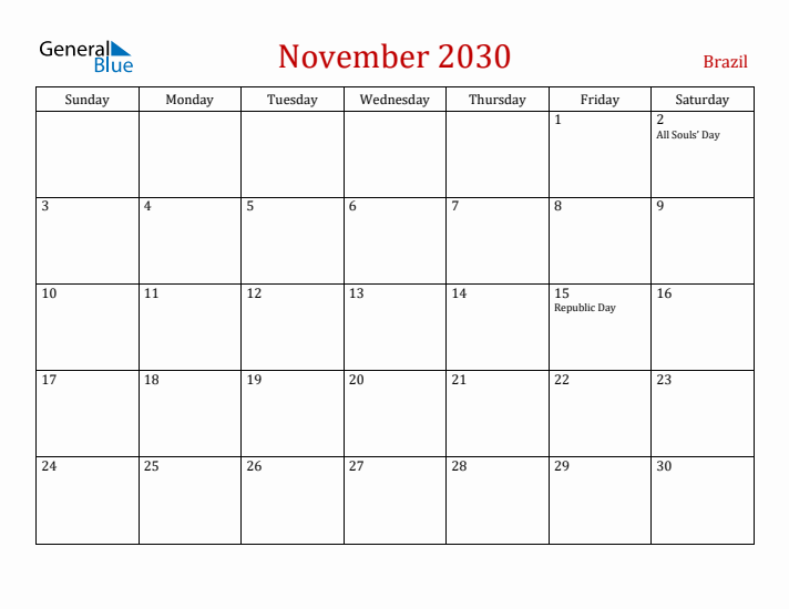 Brazil November 2030 Calendar - Sunday Start