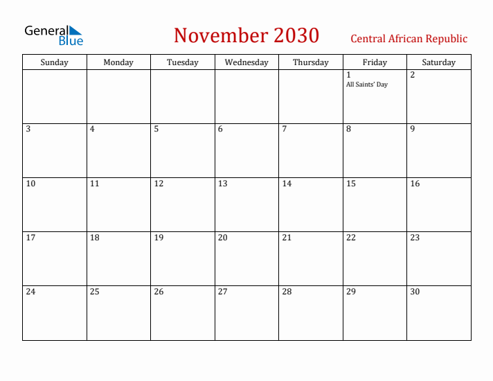 Central African Republic November 2030 Calendar - Sunday Start