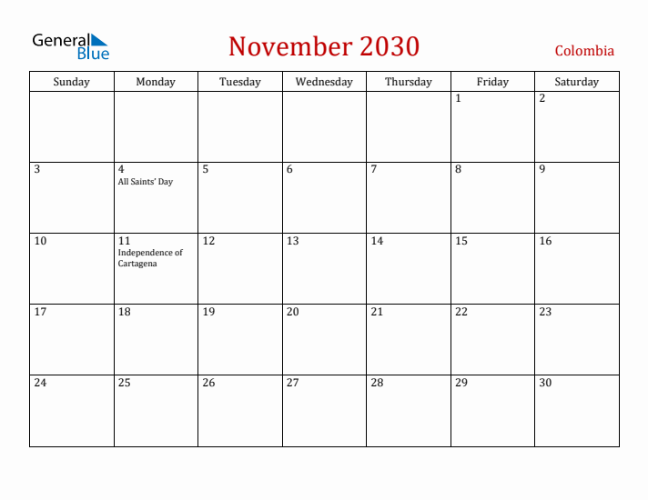 Colombia November 2030 Calendar - Sunday Start
