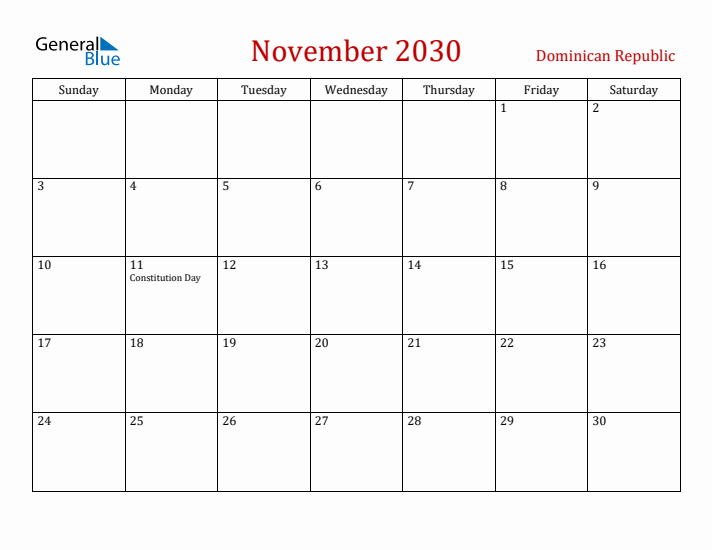 Dominican Republic November 2030 Calendar - Sunday Start