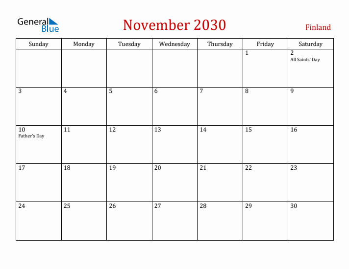Finland November 2030 Calendar - Sunday Start