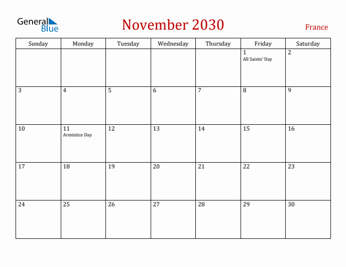 France November 2030 Calendar - Sunday Start