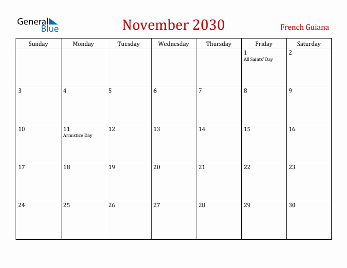 French Guiana November 2030 Calendar - Sunday Start