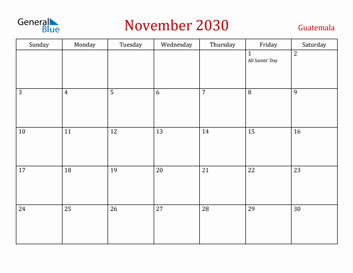 Guatemala November 2030 Calendar - Sunday Start