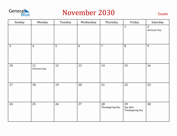 Guam November 2030 Calendar - Sunday Start