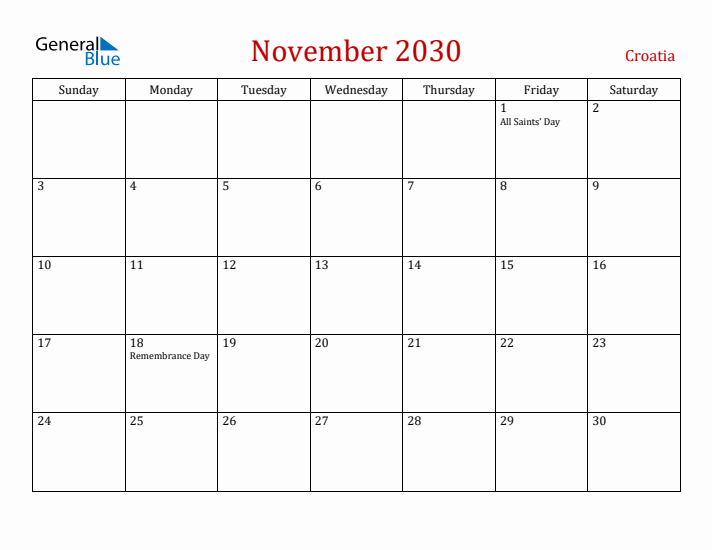 Croatia November 2030 Calendar - Sunday Start
