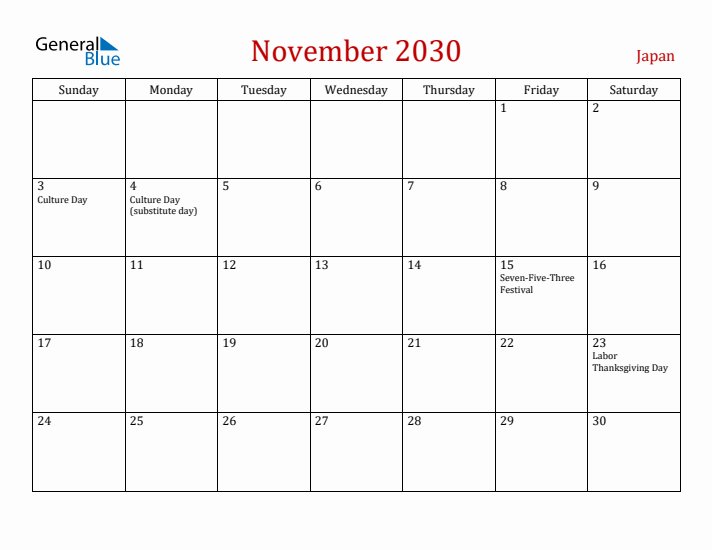 Japan November 2030 Calendar - Sunday Start