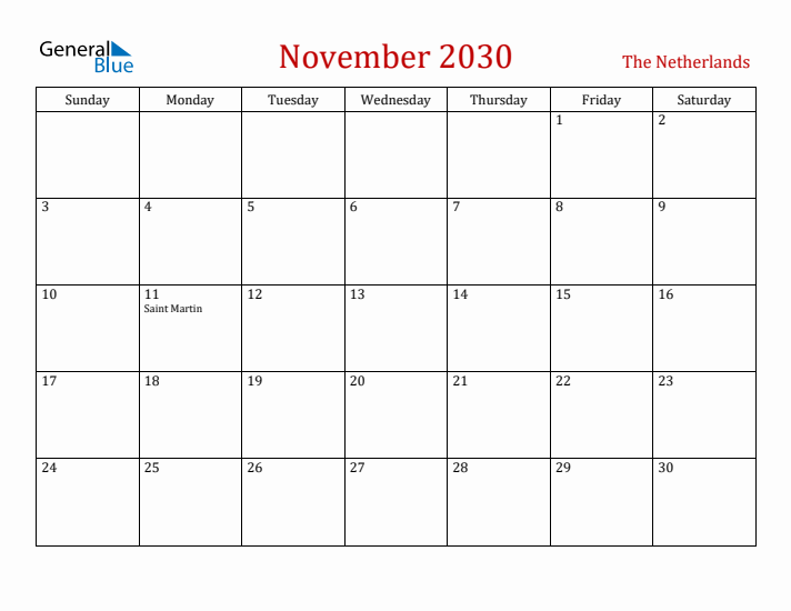 The Netherlands November 2030 Calendar - Sunday Start