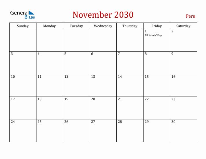 Peru November 2030 Calendar - Sunday Start