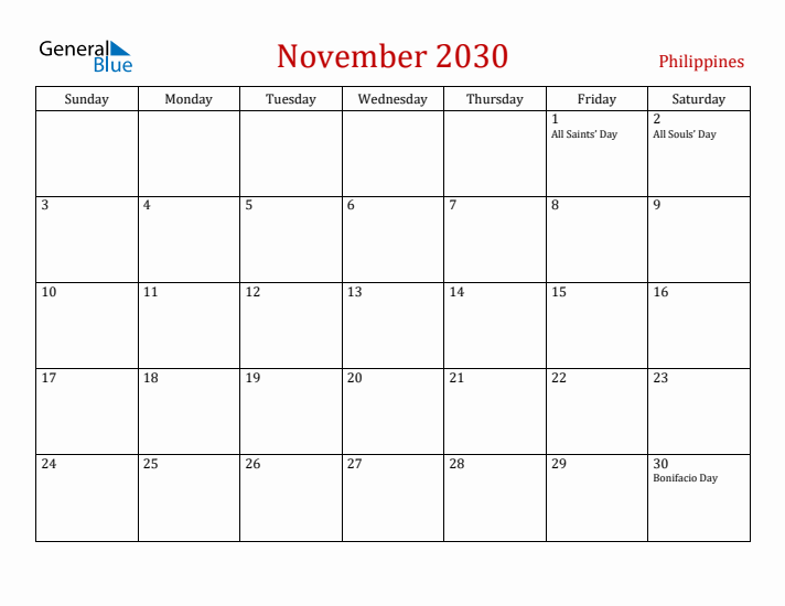 Philippines November 2030 Calendar - Sunday Start