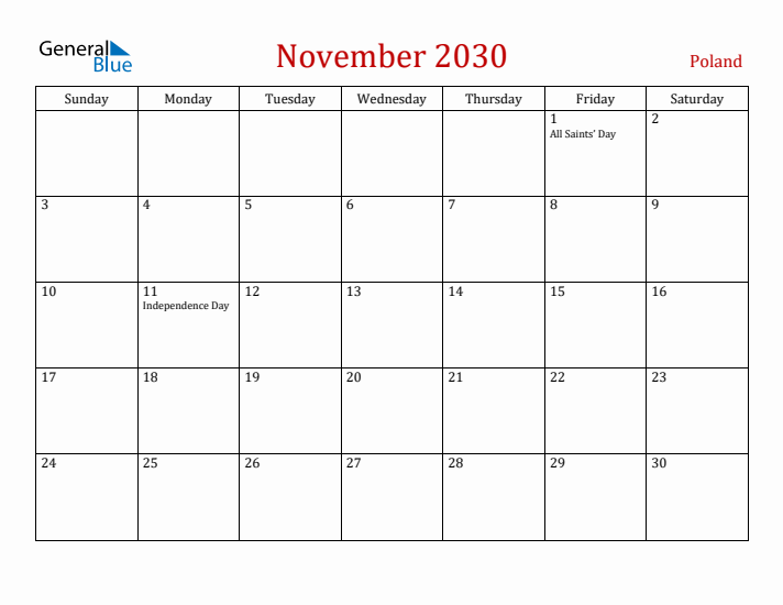 Poland November 2030 Calendar - Sunday Start