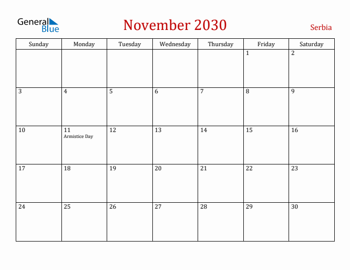 Serbia November 2030 Calendar - Sunday Start