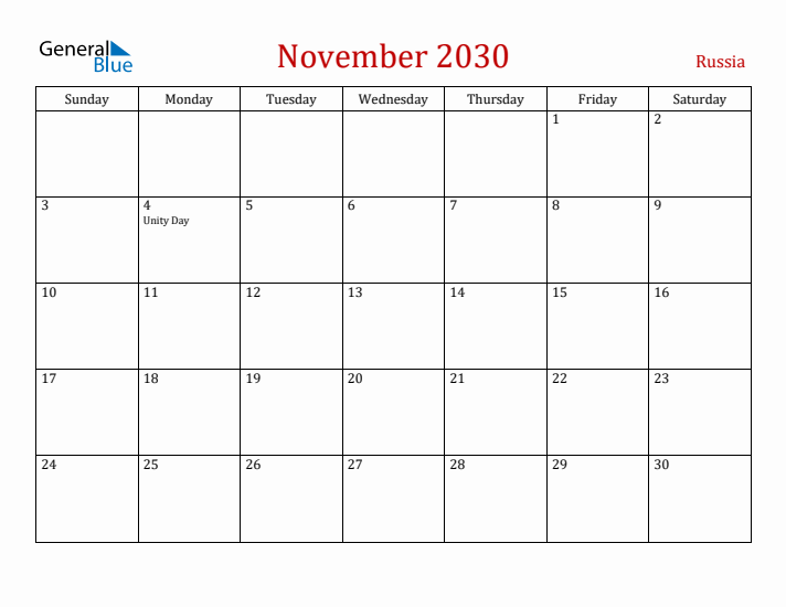 Russia November 2030 Calendar - Sunday Start