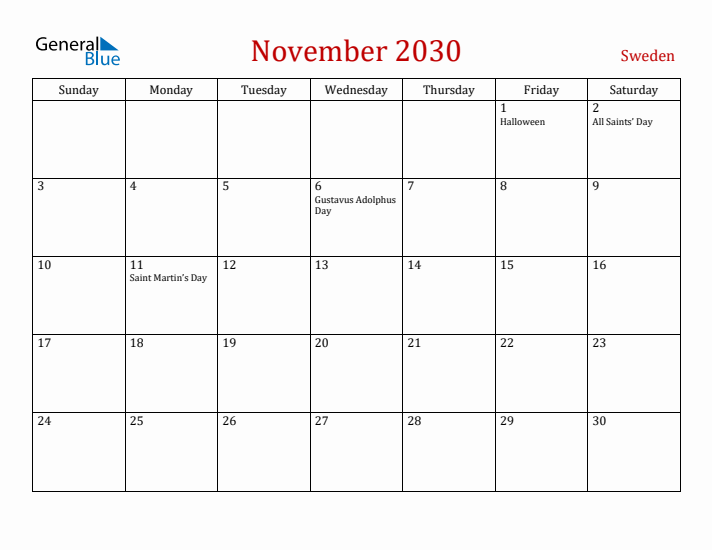 Sweden November 2030 Calendar - Sunday Start