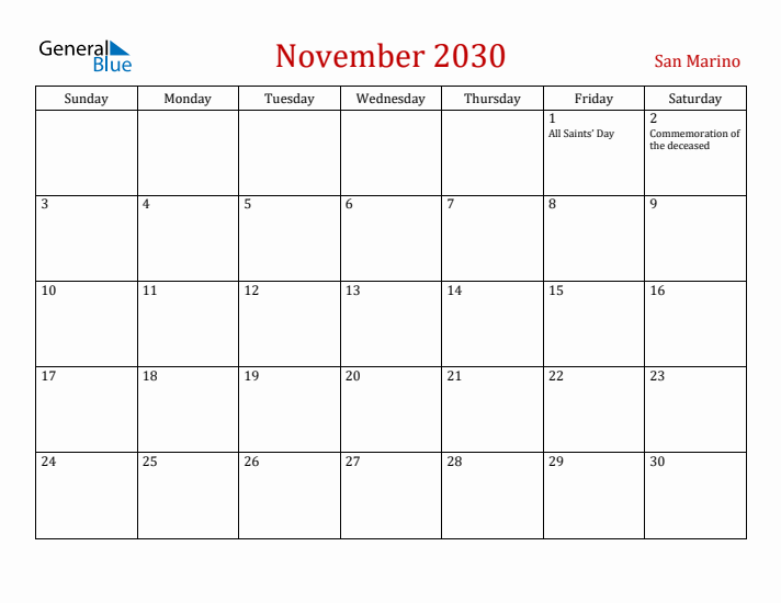 San Marino November 2030 Calendar - Sunday Start