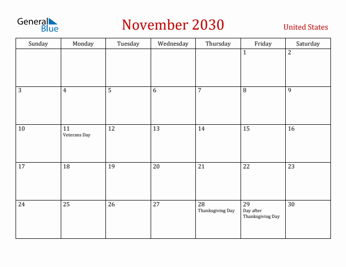 United States November 2030 Calendar - Sunday Start