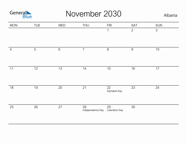 Printable November 2030 Calendar for Albania