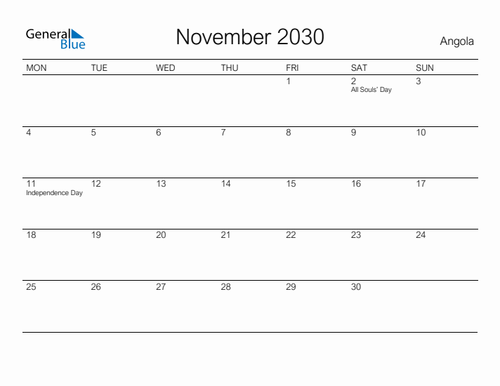 Printable November 2030 Calendar for Angola