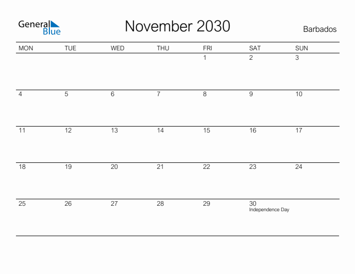Printable November 2030 Calendar for Barbados