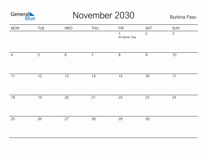 Printable November 2030 Calendar for Burkina Faso