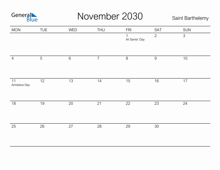Printable November 2030 Calendar for Saint Barthelemy