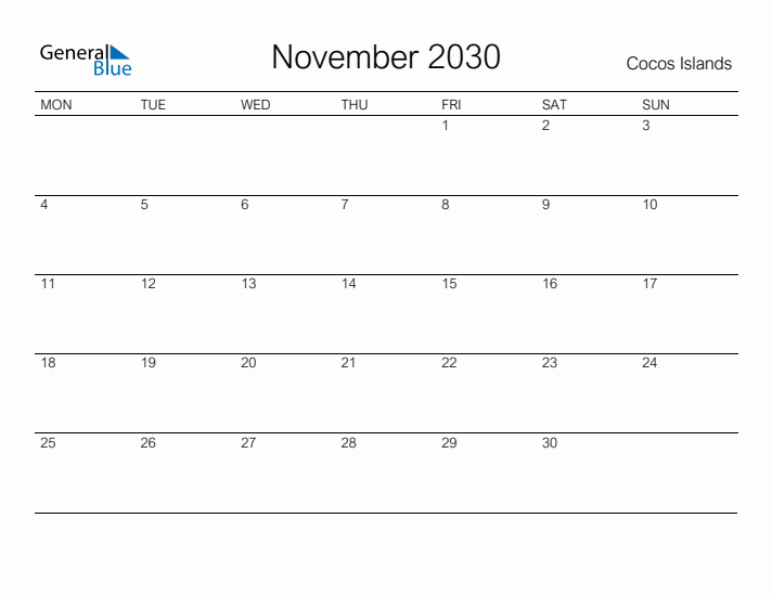 Printable November 2030 Calendar for Cocos Islands