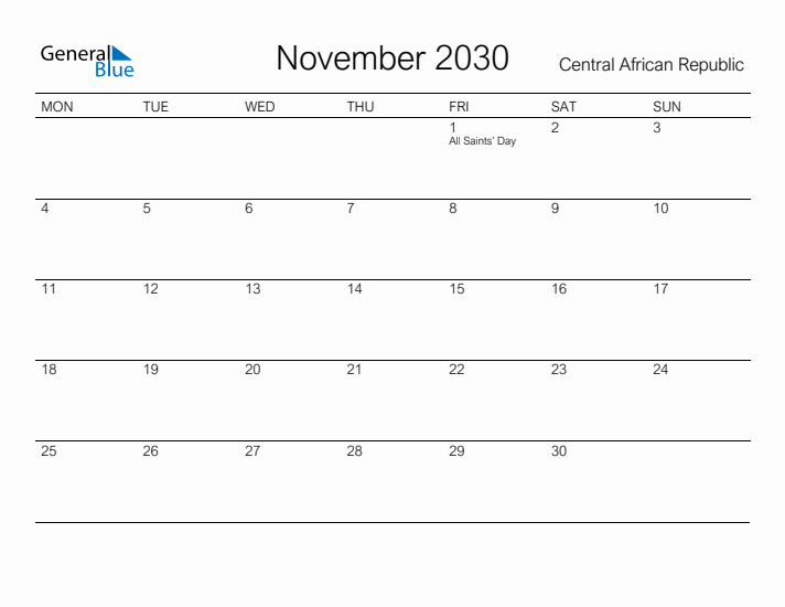 Printable November 2030 Calendar for Central African Republic