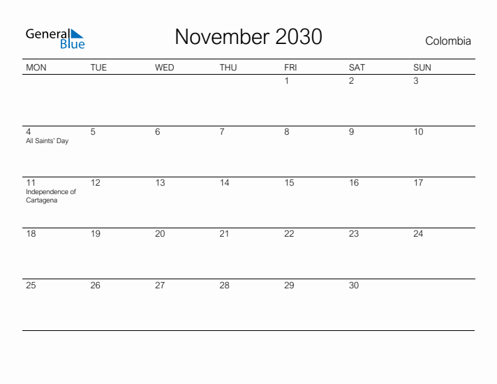Printable November 2030 Calendar for Colombia