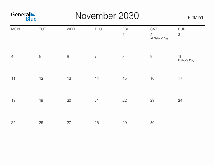 Printable November 2030 Calendar for Finland