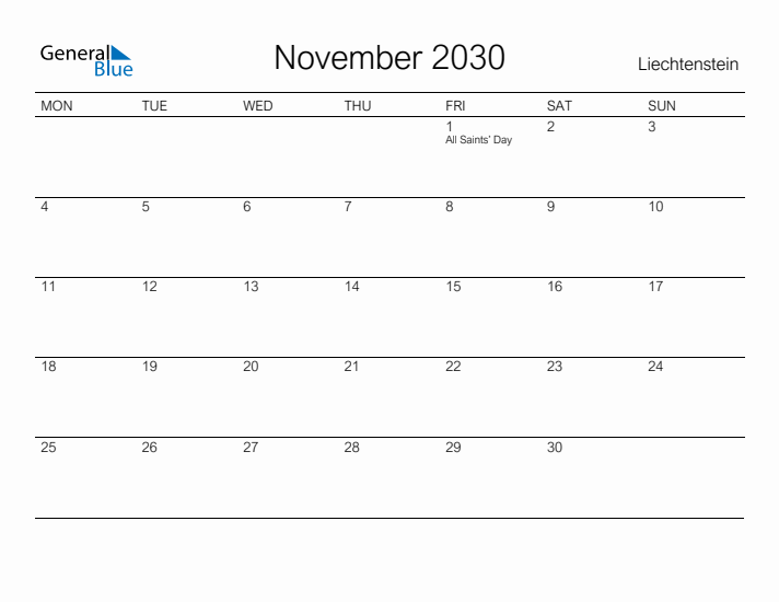 Printable November 2030 Calendar for Liechtenstein